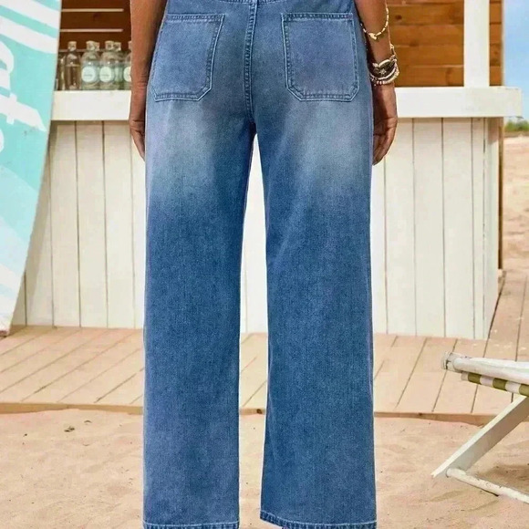 Medium Wash Casual Women's Loose Fitting Straight Leg Blue Denim Jeans - Picture 3 of 6